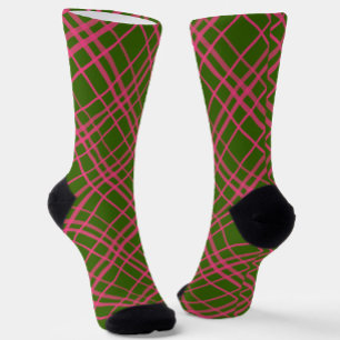 Rosa auf grünem Karomuster-Linien-Design  Socken