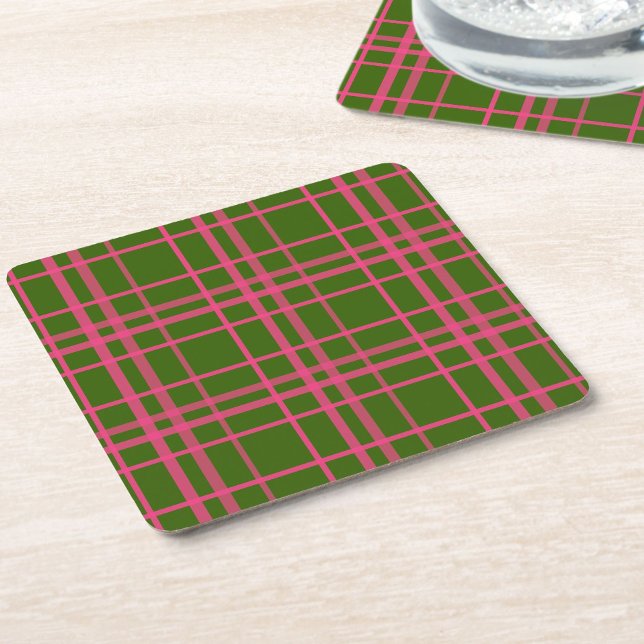 Rosa auf grünem Tartan Kariertes Muster Rechteckiger Pappuntersetzer (Von Creator hochgeladen)