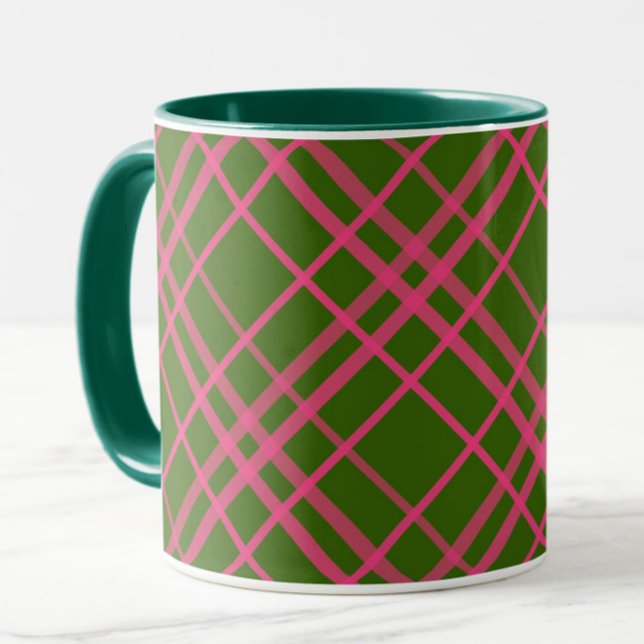 Rosa auf grünem Tartan Kariertes Muster Tasse (Von Creator hochgeladen)