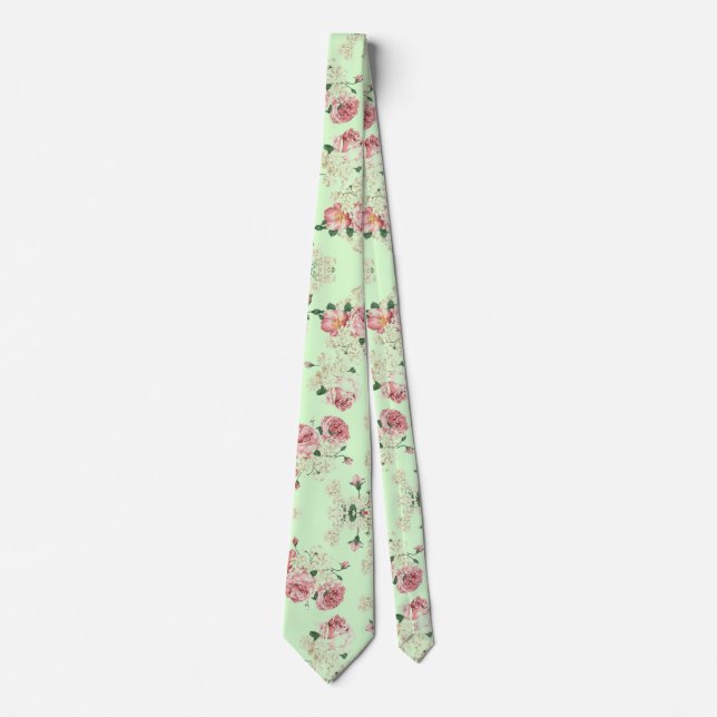 Rosa auf grünem Vintage-Blumenmuster Krawatte (Vorderseite)