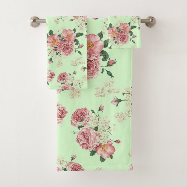 Rosa auf grünem, Vintagem Blumenbadetücher Set (Insitu)