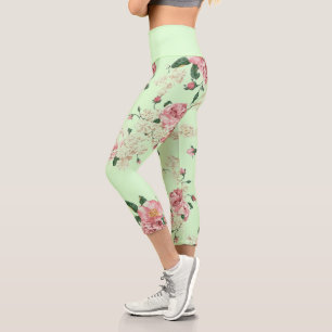 Rosa auf grüner Vintager Blüte Capri Leggings