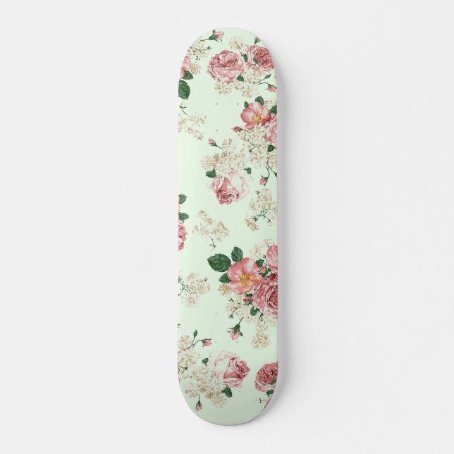 Rosa auf grüner Vintager Blüte Skateboard (Vorne)
