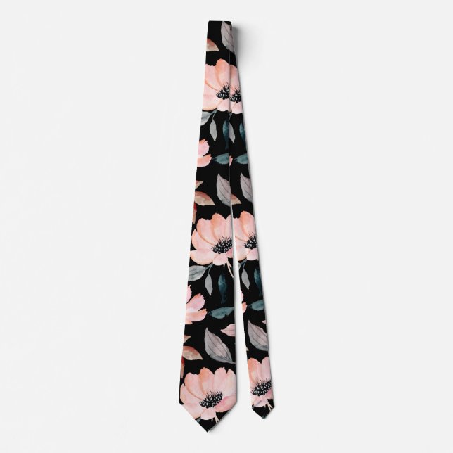 Rosa auf Schwarz-Grün Wasserfarben Blumenmuster Krawatte (Vorderseite)