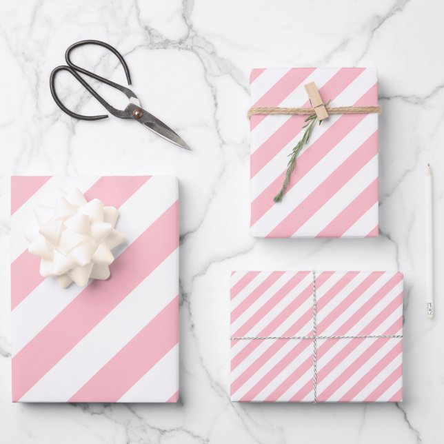 Rosa auf weiß Unterschiedliche Größen Diagonale St Geschenkpapier Set (Vorderseite)