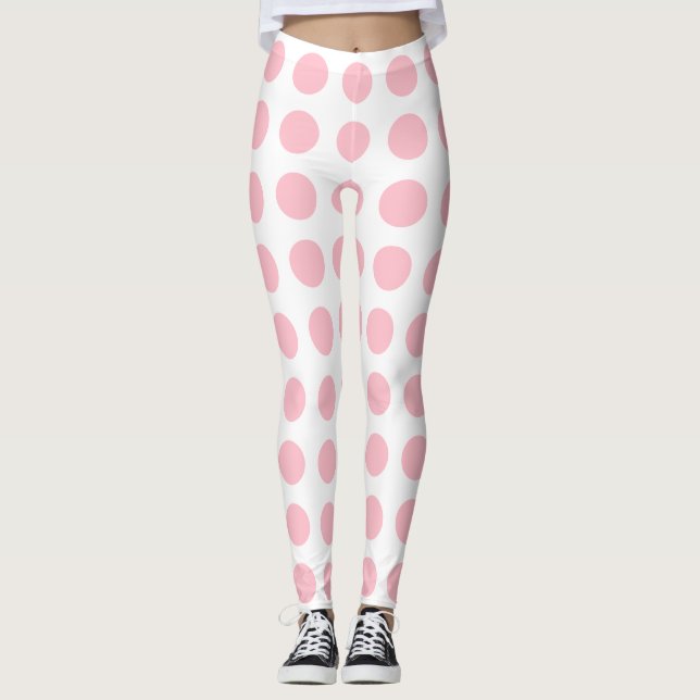 Rosa auf weißen, großen, horizontalen Polka-Punkte Leggings (Vorderseite)