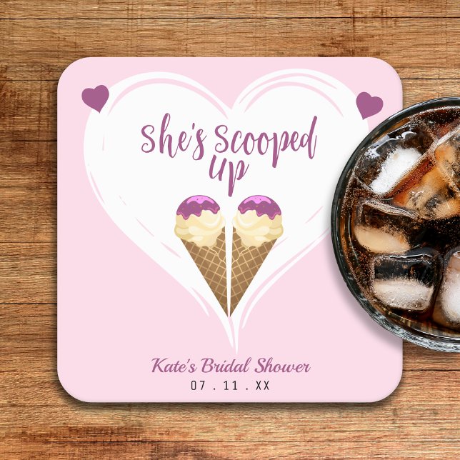 Rosa aufgetauchte Eiscreme-Herz-Brautparty Rechteckiger Pappuntersetzer (Scooped Up Pink Ice Cream Heart Bridal Shower Square Paper Coaster
)