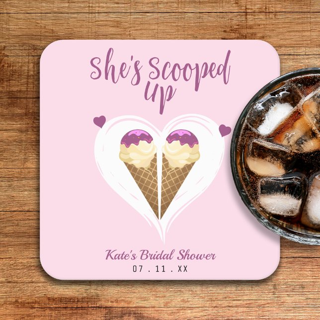 Rosa aufgetauchte Eiscreme-Herz-Brautparty Rechteckiger Pappuntersetzer (Scooped Up Pink Ice Cream Heart Bridal Shower Square Paper Coaster
)