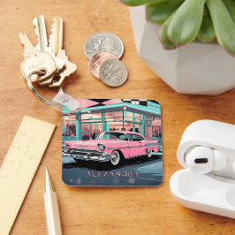Rosa Auto 1950er Jahre Diner Retro Mid-Century Cus Schlüsselanhänger