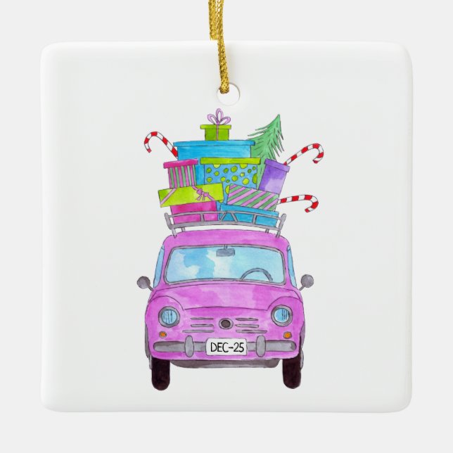 Rosa Auto mit Weihnachtsgeschenken Wasserfarbe Keramikornament (Vorderseite)