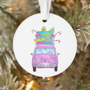 Rosa Auto mit Weihnachtsgeschenken Wasserfarbe Ornament