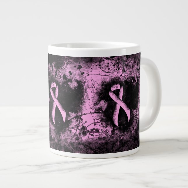 Rosa Awareness Ribbon Grunge Herz Jumbo-Tasse (Vorderseite Rechts)
