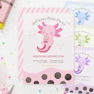 Rosa Axolotl-Blasen-Boba-Tee-Mädchen-Geburtstag Einladung
