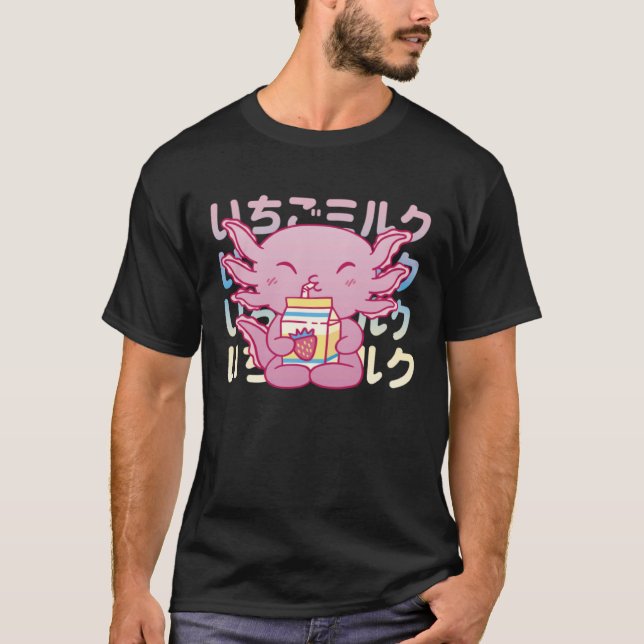Rosa Axolotl trinkt Erdbeermilch T-Shirt (Vorderseite)