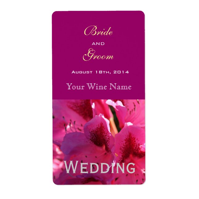 Rosa Azalea Blume Hochzeitsweinetiketten. (Vorne)