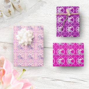 Rosa Baby-Elefant Mit Taube Und Kreuz Taufe Geschenkpapier Set