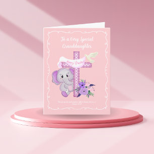 Rosa Baby-Elefant mit Taube und Kreuz Taufzeremoni Karte
