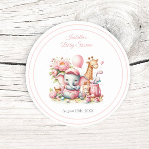 Rosa Baby Girl Elefant & Giraffe Golf Baby Shower Runder Aufkleber