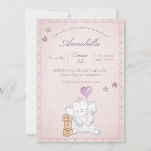 Rosa Baby-Girly-Elefant und Wasserfarbe auf  Einladung
