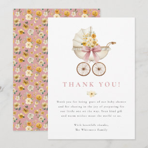 Rosa Baby-Shower-Dankeskarten Vintage-Kinderwage Dankeskarte