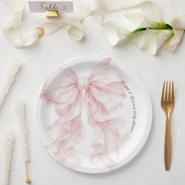 Rosa Baby Shower mit Schleife  Pappteller (Hochzeit)