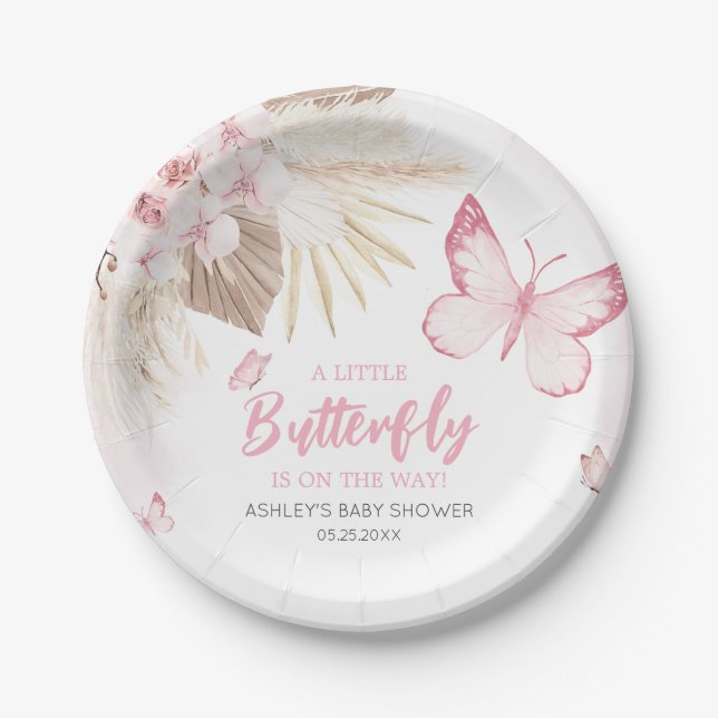 Rosa Baby Shower mit Schmetterling Pappteller (Vorderseite)