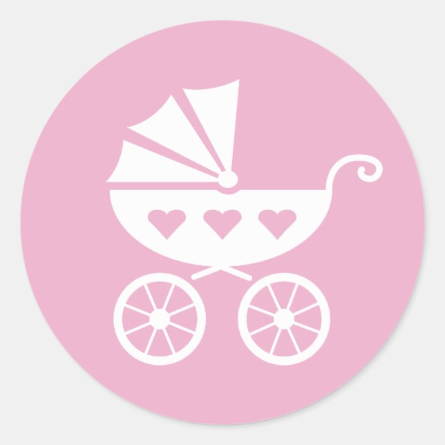 Rosa Babyduschkleber mit niedlichem Kinderwagen Runder Aufkleber (Vorderseite)