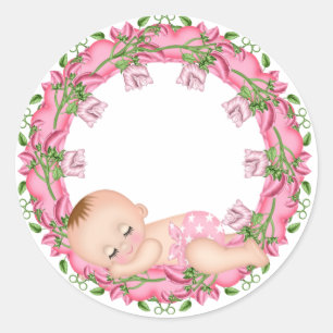 Rosa Babyparty-Aufkleber mit dem Baby mit Blumen Runder Aufkleber