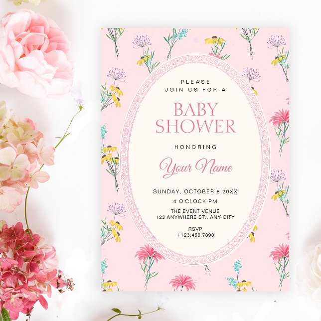 Rosa Babyparty mit Blumenmuster Einladung (Von Creator hochgeladen)