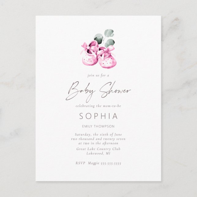 Rosa Babyschuhe delikate Kinderdusche Postkarte (Vorderseite)