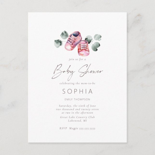 Rosa Babyschuhe delikate Kinderdusche Postkarte (Vorderseite)