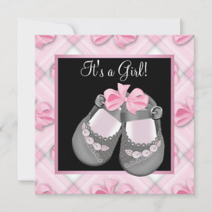 Rosa Babyschuhe Rosa Schwarze Babymädchen-Party Einladung