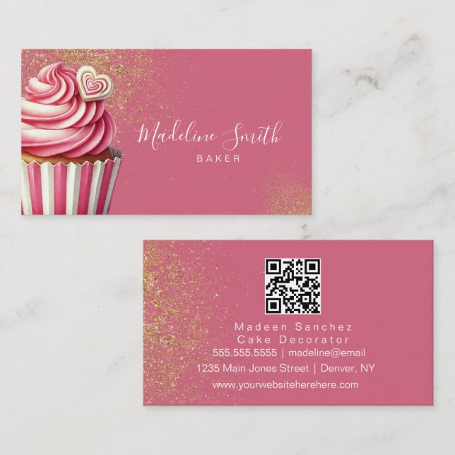 Rosa Bäckerei Glitzer Cupcakes Barcode Visitenkarte (Vorne/Hinten)