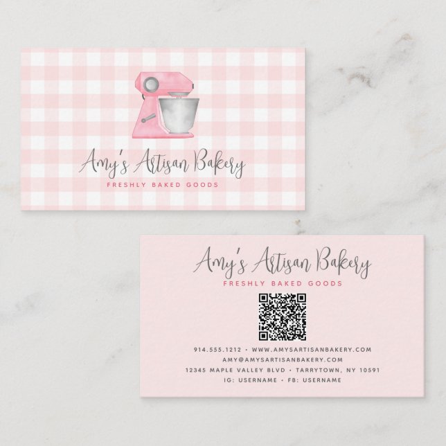 Rosa Backmischermaschinen-QR-Code-Gingham-Muster Visitenkarte (Vorne/Hinten)