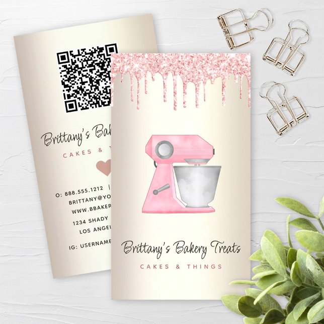 Rosa Backmischermixer Glittertropfen QR-Code Gold Visitenkarte (Von Creator hochgeladen)