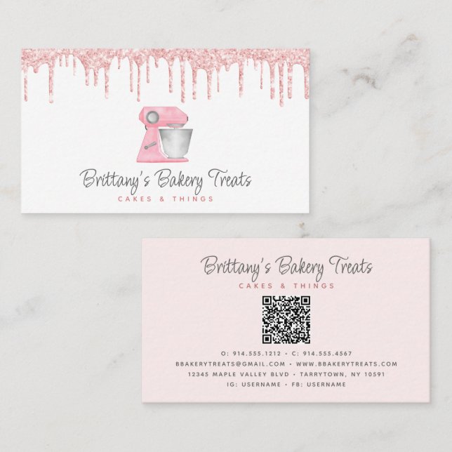 Rosa Backmischermixer Glittertropfen QR-Code Visitenkarte (Vorne/Hinten)