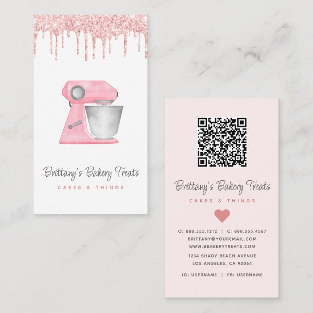 Rosa Backmischermixer Glittertropfen QR-Code Visitenkarte (Vorne/Hinten)