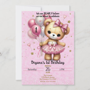 Rosa Ballerina Bär Glitterballon 1. Geburtstag  Einladung