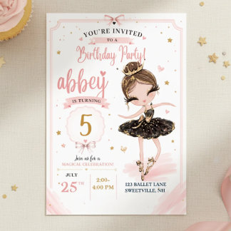 Rosa Ballerina-Geburtstagseinladung | Schwarz Gold Einladung