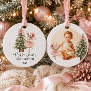 Rosa Ballerina-Häschen-Mädchen Erstes Weihnachtsfo Keramik Ornament