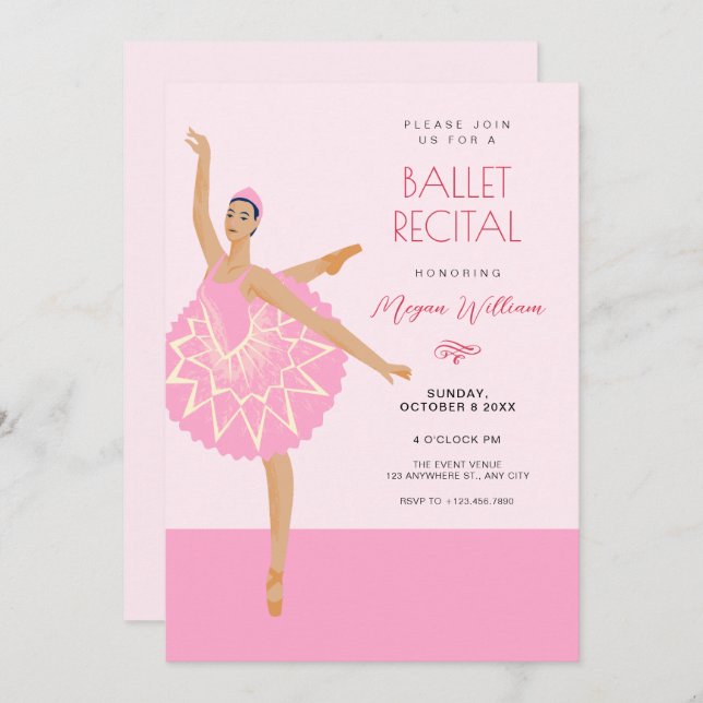 Rosa Ballerina Tanzballet Erwägung Einladung (Vorne/Hinten)