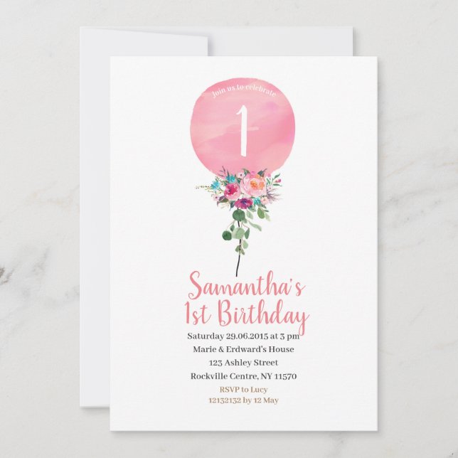 Rosa Ballon 1. Geburtstag Einladung (Vorderseite)