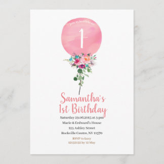 Rosa Ballon 1. Geburtstag Einladung