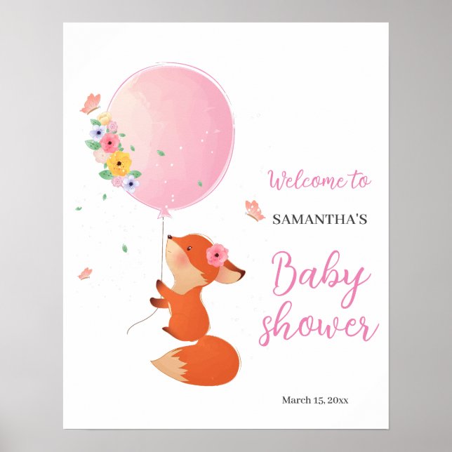 Rosa Ballon Blütenbaby Dusche Willkommensschild Poster (Vorne)