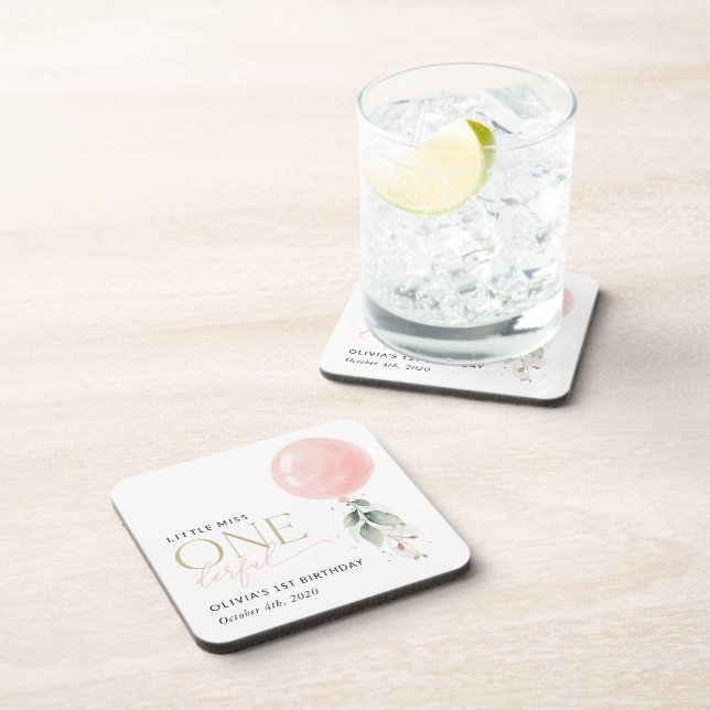 Rosa Ballon, Eukalyptus, Grüne, Erster Geburtstag Getränkeuntersetzer (Rechte Seite)