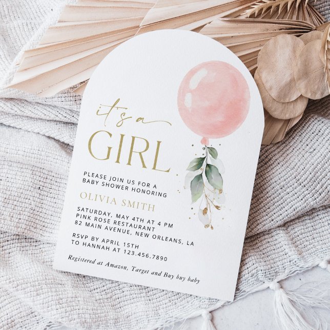 Rosa Ballon, Eukalyptus, Grünpflanzen, Babydusche Einladung (Von Creator hochgeladen)