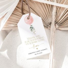 Rosa Ballon, Eukalyptus, Grünpflanzen, Babydusche Geschenkanhänger