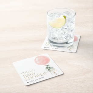 Rosa Ballon, Eukalyptus, Grünpflanzen, Babydusche Rechteckiger Pappuntersetzer