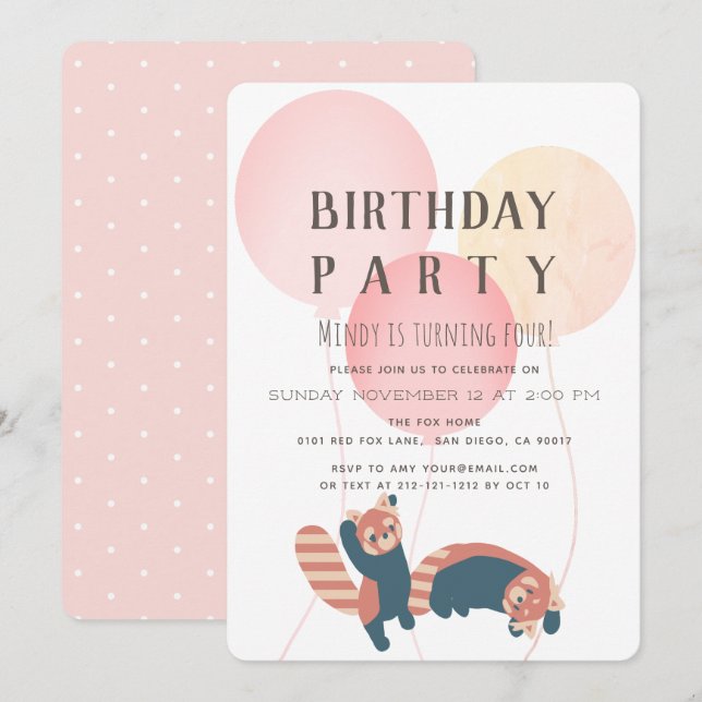 Rosa Ballon & Red Panda Geburtstagsparty Einladung (Vorne/Hinten)