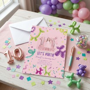 Rosa Ballon-Tier-Foto-Einladung zum 10. Geburtstag Einladung